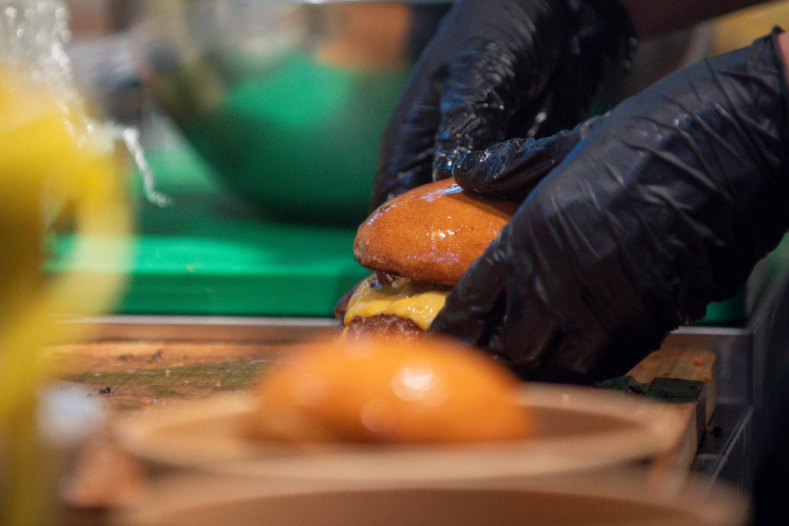 Burger preparation at the food truck