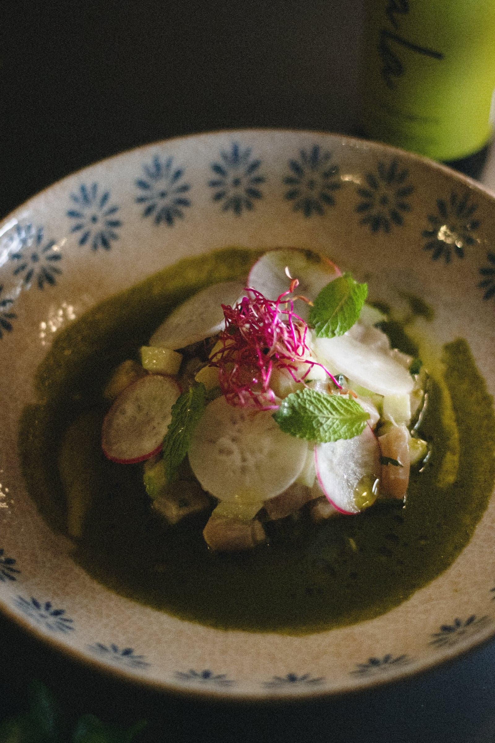 Green herb bowl with radish and beetroot sprouts
