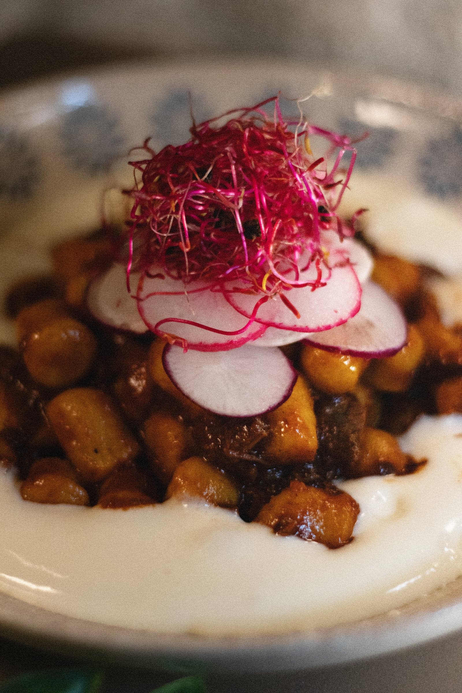 Glazed chickpea bowl with beetroot sprouts